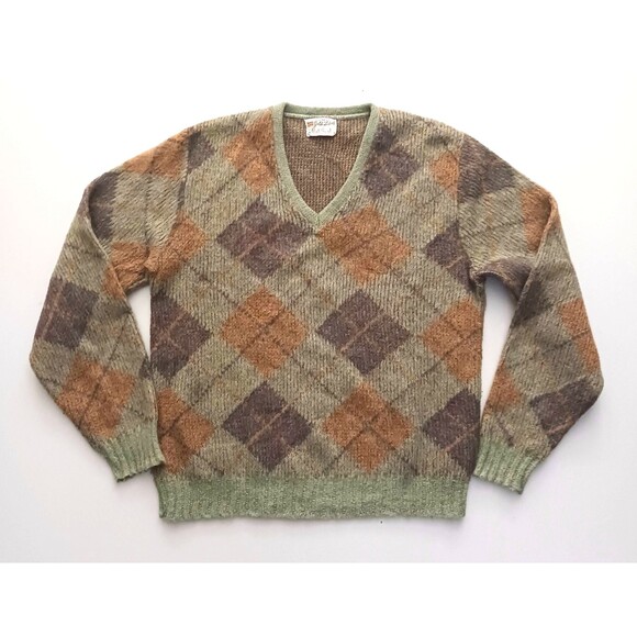 VTG Rob Scot Mohair Blend V Neck Sweater Olive Green/Brown Argyle Mens S - Picture 1 of 5